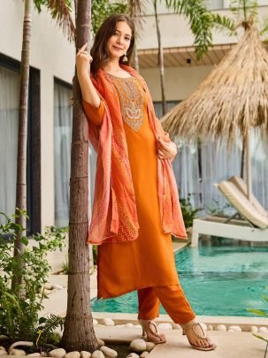 Rust Rayon Kurta with Embro Pant And Dupatta Set