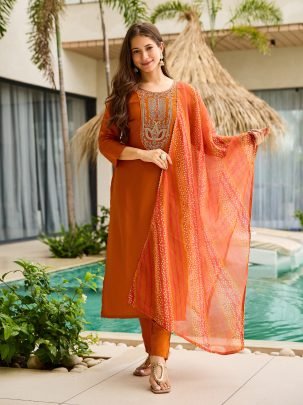 Rust Rayon Kurta with Embro Pant And Dupatta Set