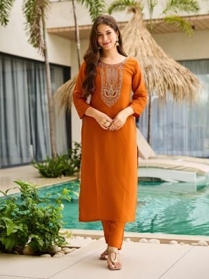 Rust Rayon Kurta with Embro Pant And Dupatta Set