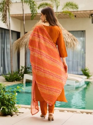 Rust Rayon Kurta with Embro Pant And Dupatta Set