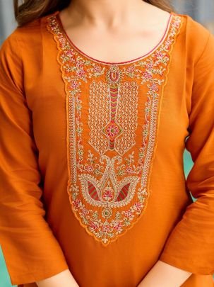 Rust Rayon Kurta with Embro Pant And Dupatta Set