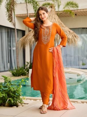 Rust Rayon Kurta with Embro Pant And Dupatta Set
