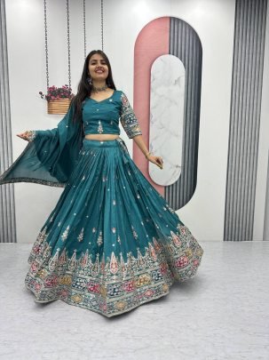 Sea Green Sargam Pure Vichitra Lahenga Choli