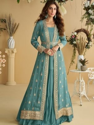 Sea Green Silk Embroidered Layered Gown With Jacket 