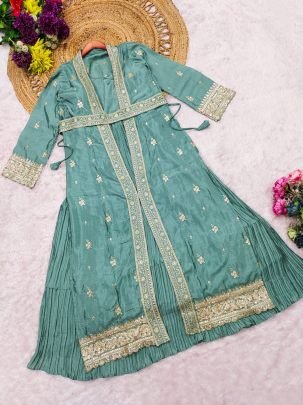 Sea Green Silk Embroidered Layered Gown With Jacket