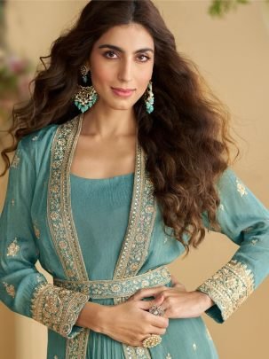 Sea Green Silk Embroidered Layered Gown With Jacket
