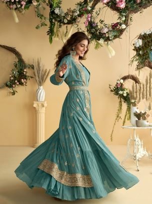 Sea Green Silk Embroidered Layered Gown With Jacket