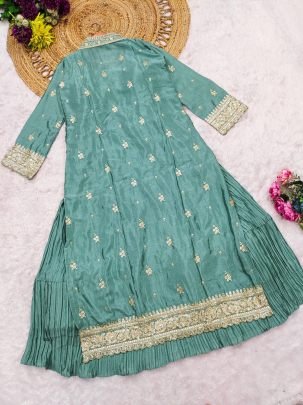 Sea Green Silk Embroidered Layered Gown With Jacket