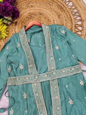 Sea Green Silk Embroidered Layered Gown With Jacket