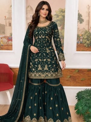 Semi-Beads Embroidery Work Green Colour Gharara Suit