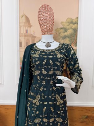 Semi-Beads Embroidery Work Green Colour Gharara Suit