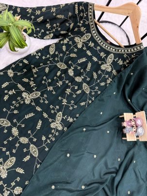 Semi-Beads Embroidery Work Green Colour Gharara Suit