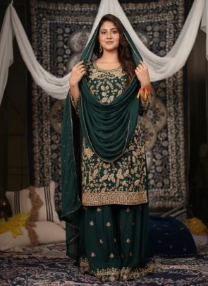 Semi-Beads Embroidery Work Green Colour Gharara Suit