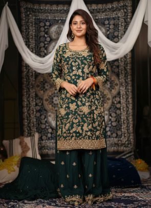 Semi-Beads Embroidery Work Green Colour Gharara Suit