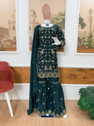 Semi-Beads Embroidery Work Green Colour Gharara Suit