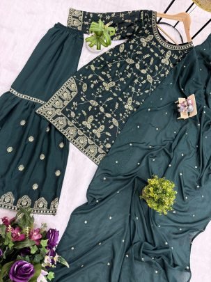 Semi-Beads Embroidery Work Green Colour Gharara Suit