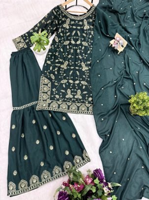 Semi-Beads Embroidery Work Green Colour Gharara Suit