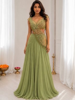 Sequence Butta Work Pista Colour Ready To Wear Lehenga