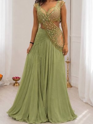 Sequence Butta Work Pista Colour Ready To Wear Lehenga