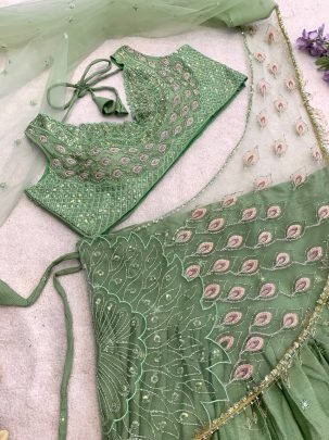 Sequence Butta Work Pista Colour Ready To Wear Lehenga