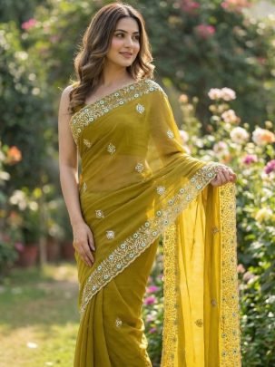 Sequence Work  Olive Green Colour   Saree