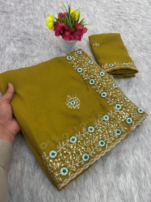 Sequence Work  Olive Green Colour   Saree