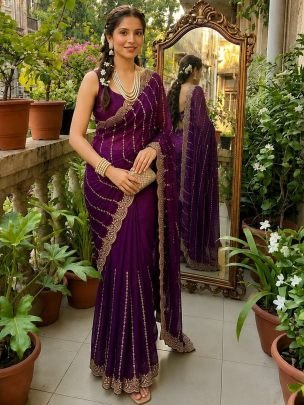 Sequence Work  Purple Colour Saree 