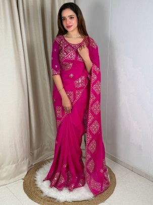 Sequence Work Rani Color Saree For Party 