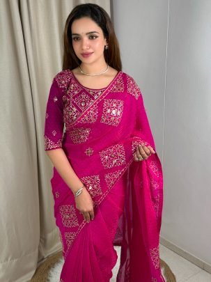 Sequence Work Rani Color Saree For Party