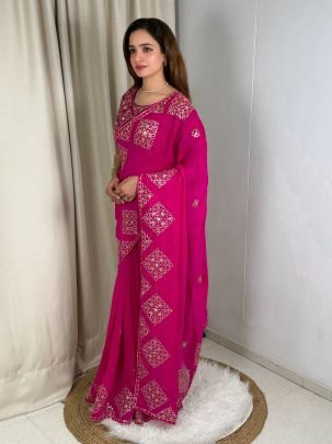 Sequence Work Rani Color Saree For Party