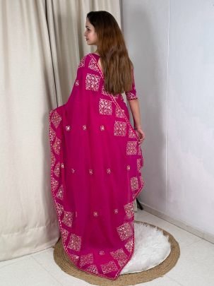 Sequence Work Rani Color Saree For Party