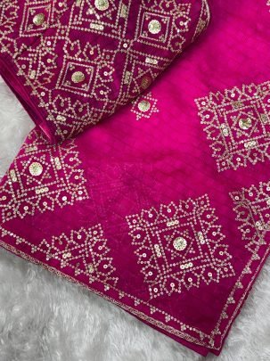 Sequence Work Rani Color Saree For Party