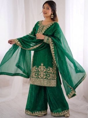 Green Moti Work Silk Plazzo Set With Sequence Work Dupatta