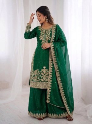 Green Moti Work Silk Plazzo Set With Sequence Work Dupatta