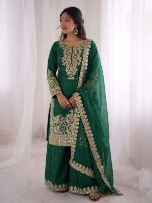 Green Moti Work Silk Plazzo Set With Sequence Work Dupatta