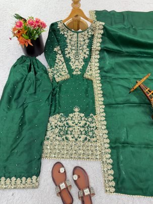 Green Moti Work Silk Plazzo Set With Sequence Work Dupatta
