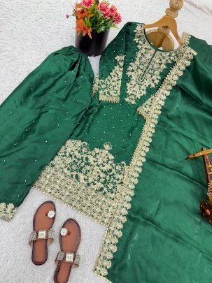Green Moti Work Silk Plazzo Set With Sequence Work Dupatta