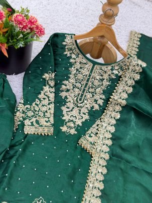 Green Moti Work Silk Plazzo Set With Sequence Work Dupatta