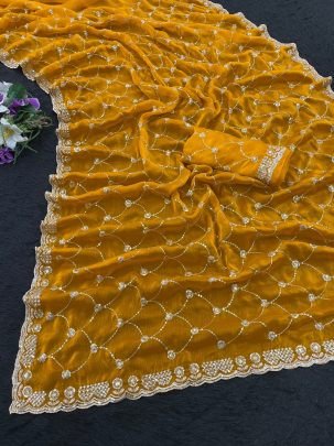 Sequence  Work  Yellow  Colour Saree