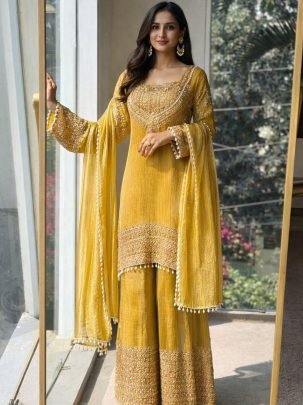 Sequence Work Yellow Colour  Palazzo  Suit