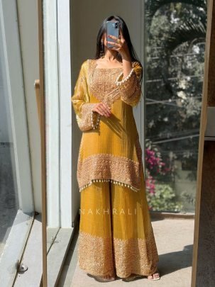 Sequence Work Yellow Colour  Palazzo  Suit