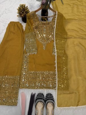 Sequence Work Yellow Colour  Palazzo  Suit
