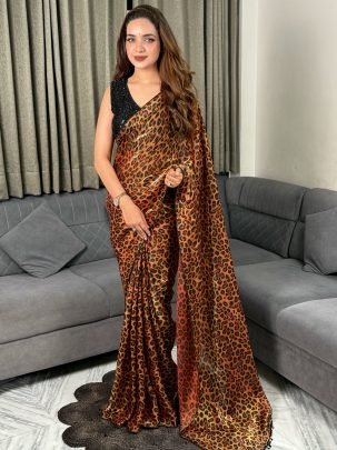 Sequin Work Leopard Print Satin Fabric Saree