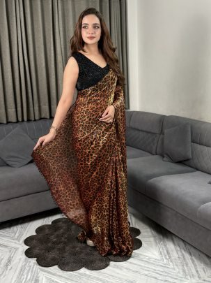 Sequin Work Leopard Print Satin Fabric Saree