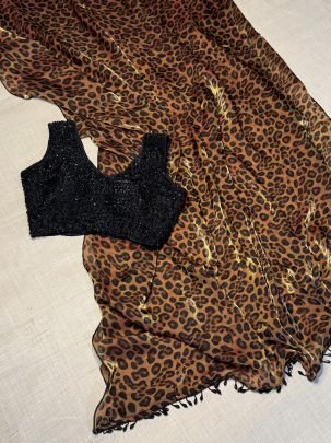 Sequin Work Leopard Print Satin Fabric Saree