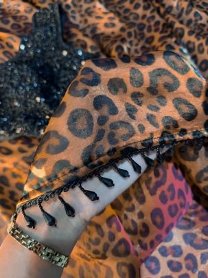 Sequin Work Leopard Print Satin Fabric Saree
