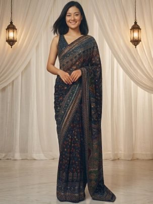 Sequins And Diamonds Work Purple Colour Saree