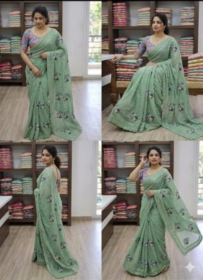Sequins Work  Pista  Colour  Saree