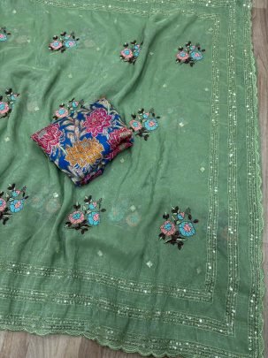 Sequins Work  Pista  Colour  Saree
