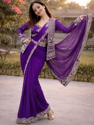 Sequins  Work Purple Colour Ready To Wear Saree